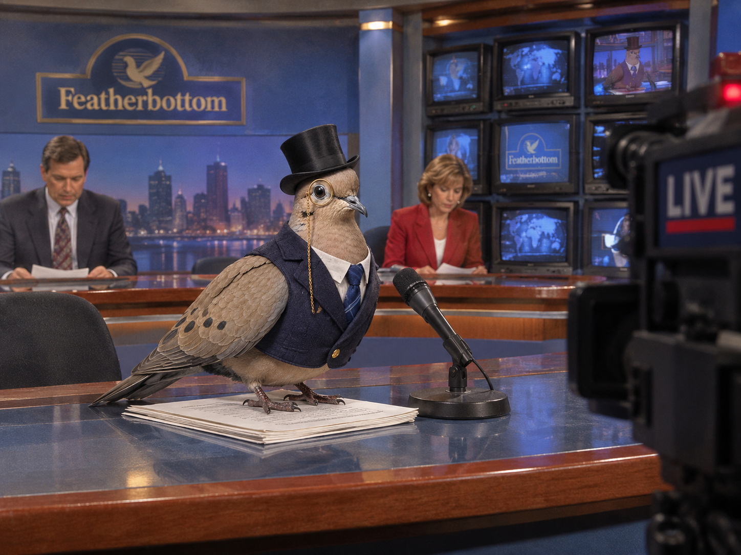 Lord Featherbottom at the anchor desk of the Featherbottom news network